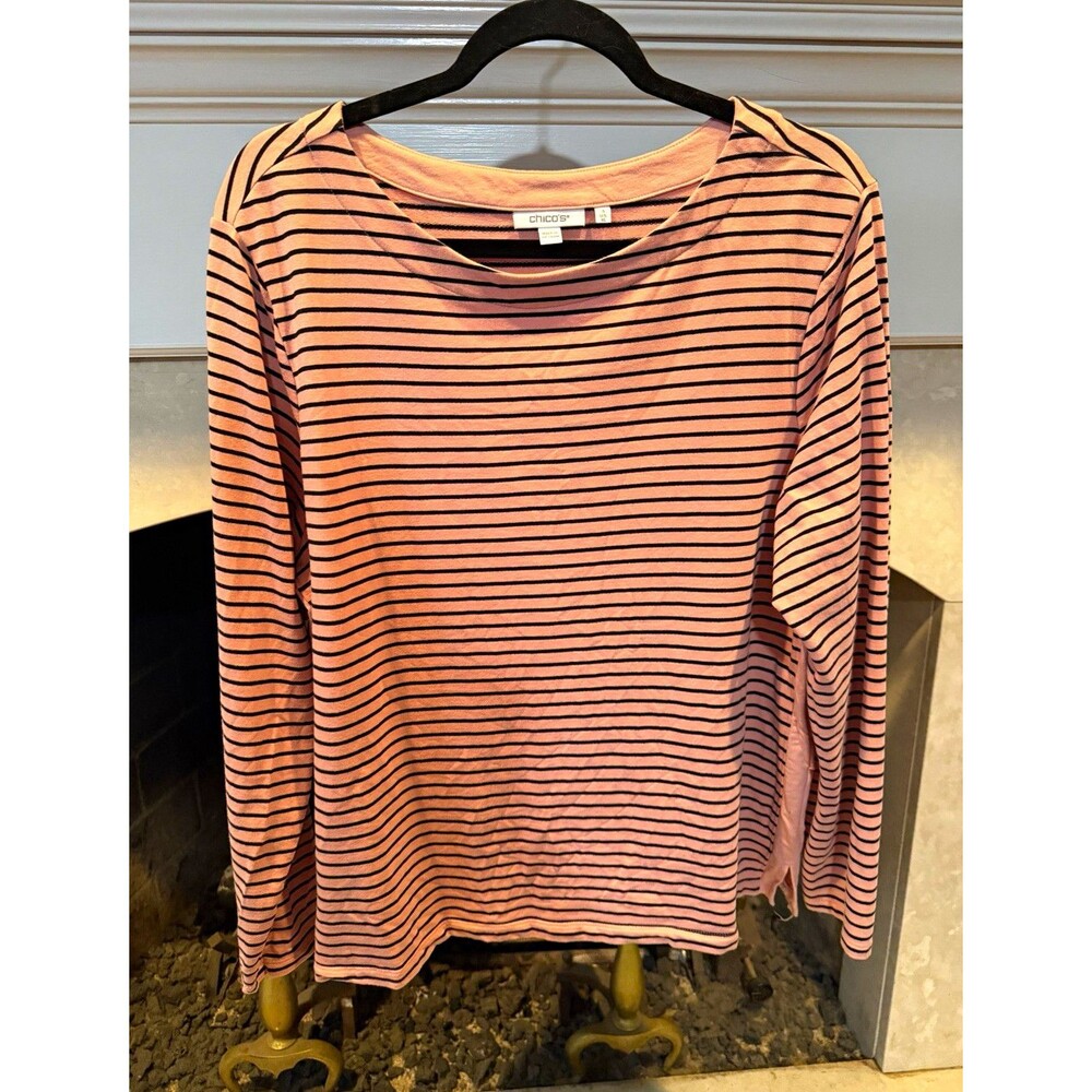 Chico’s Pink/Black Striped Scoop Neck 3/4 Sleeve Stretch Knit Top XL (3)